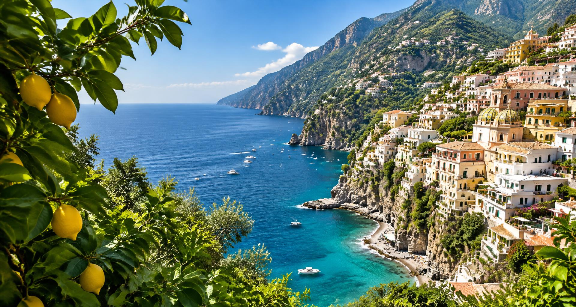 Costa de Positano, Itália, com casas coloridas sobre o mar